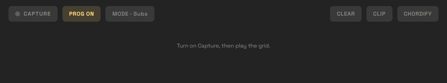 The Progression drawer — Capture, PROG, MODE, Clear, Clip, Chordify