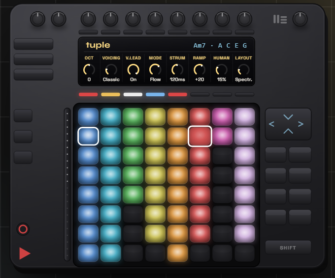 Tuple driving Push 2 — chord grid on the pads, controls on the display