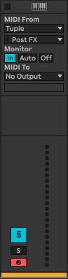 Record-track routing in Push mode: MIDI From Tuple, Post FX, Monitor In, MIDI To No Output