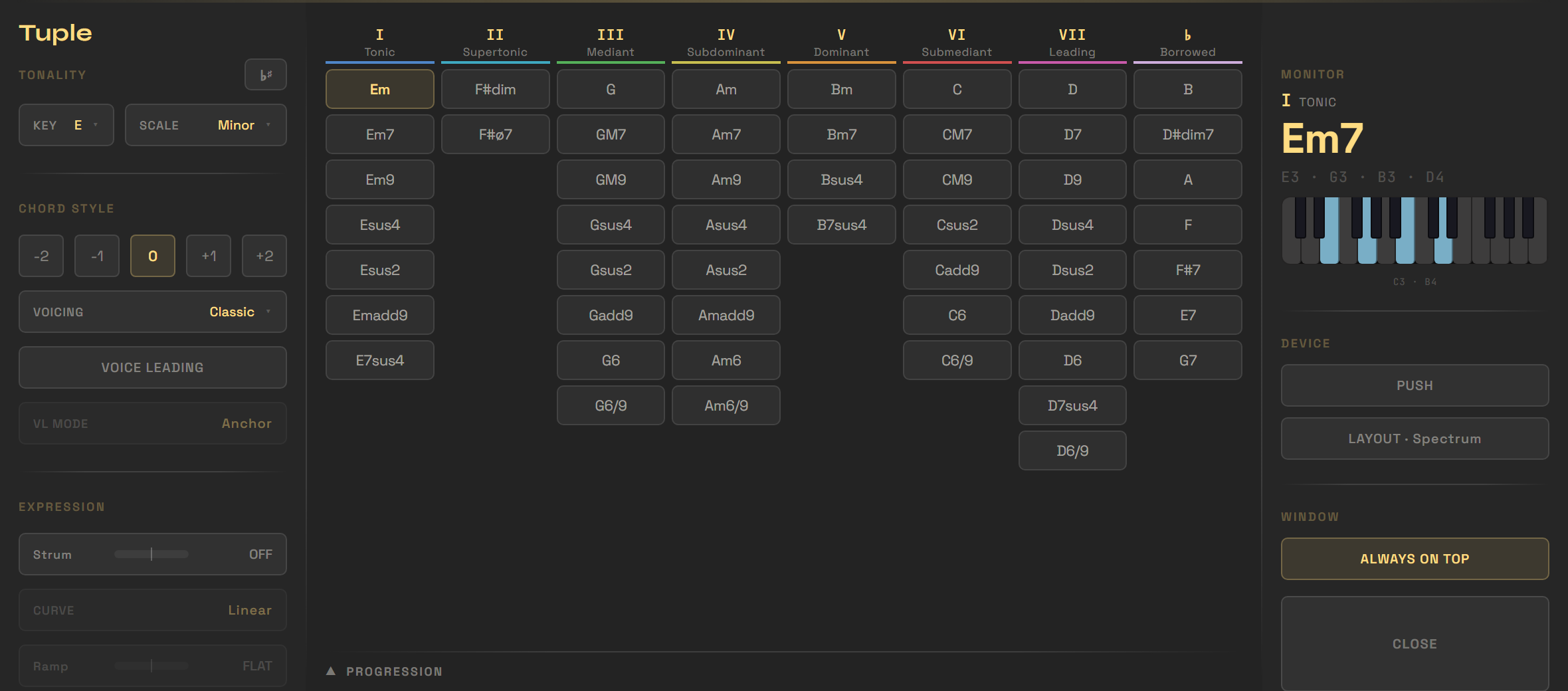 Tuple full window — chord grid, controls and monitor