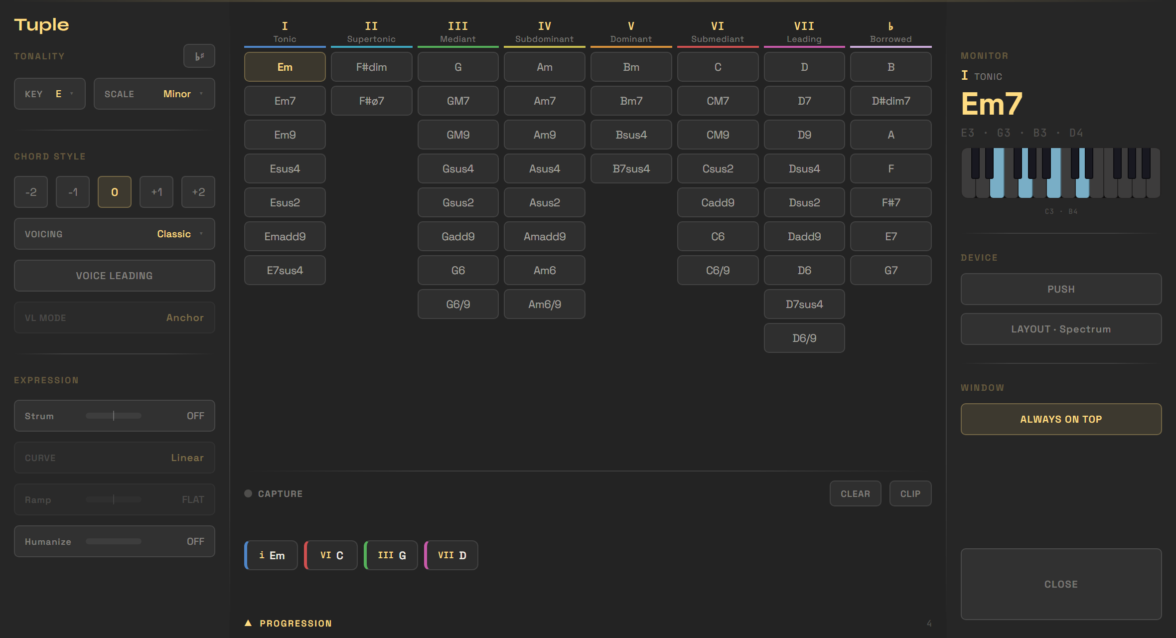 Tuple progression drawer with captured chords